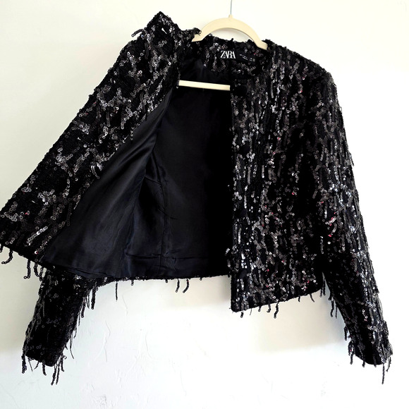 Zara Black Button Up Sequin Fringe Jacket Size Medium - Picture 4 of 8
